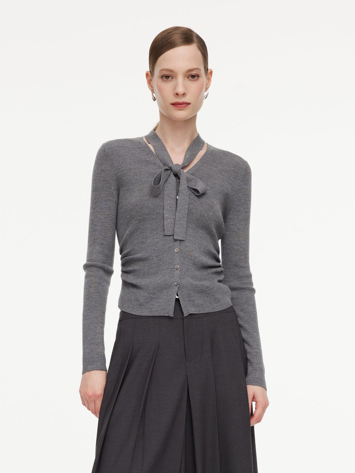 Wool Blend Ribbon V-Neck Women Cardigan