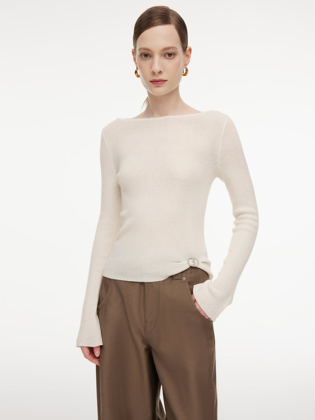 Wool Blend Boat Neck Women Knit Top With GO Letter Clip