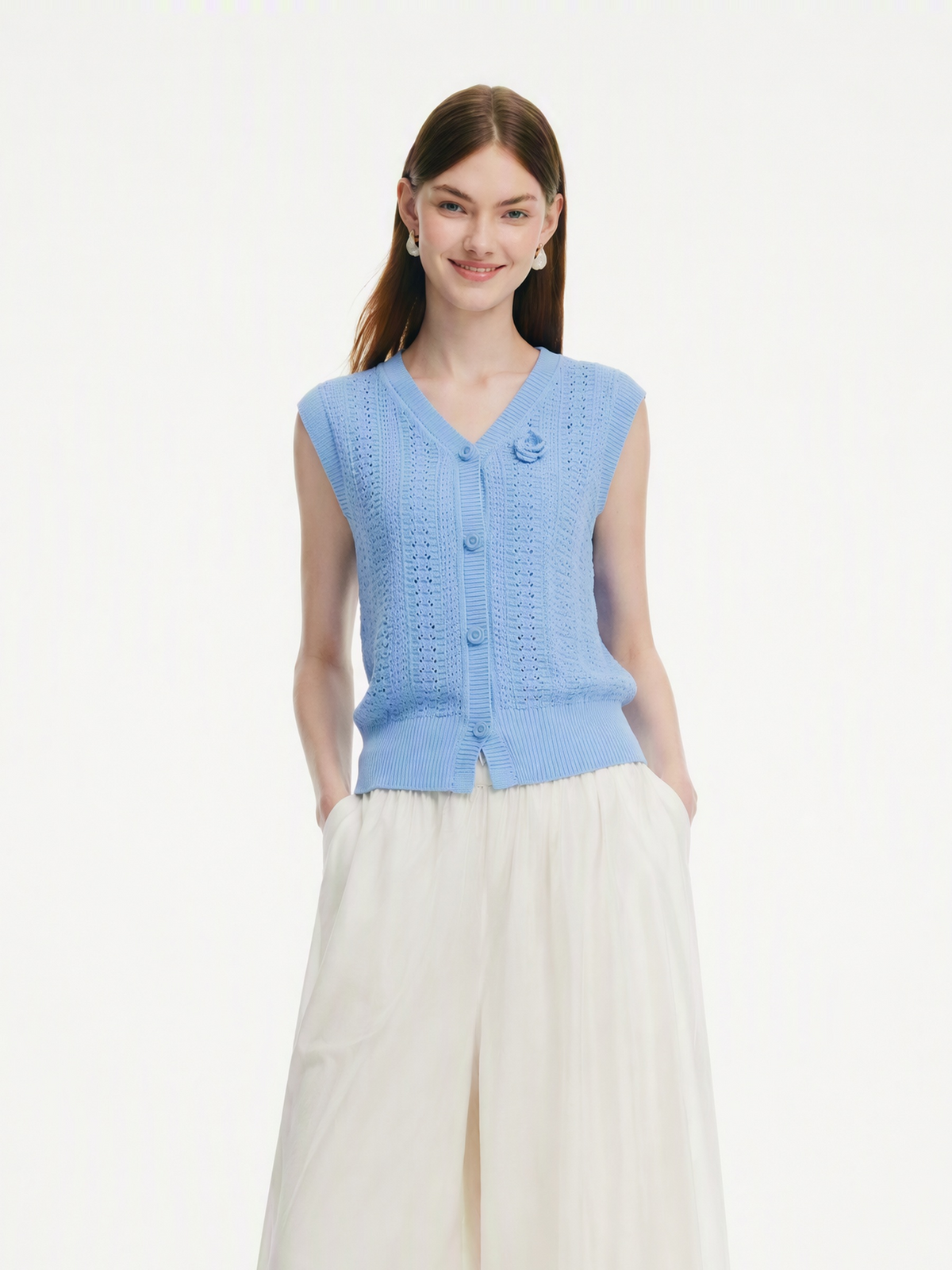100% Cotton Textured Women Knit Vest With Detachable Knit Flower