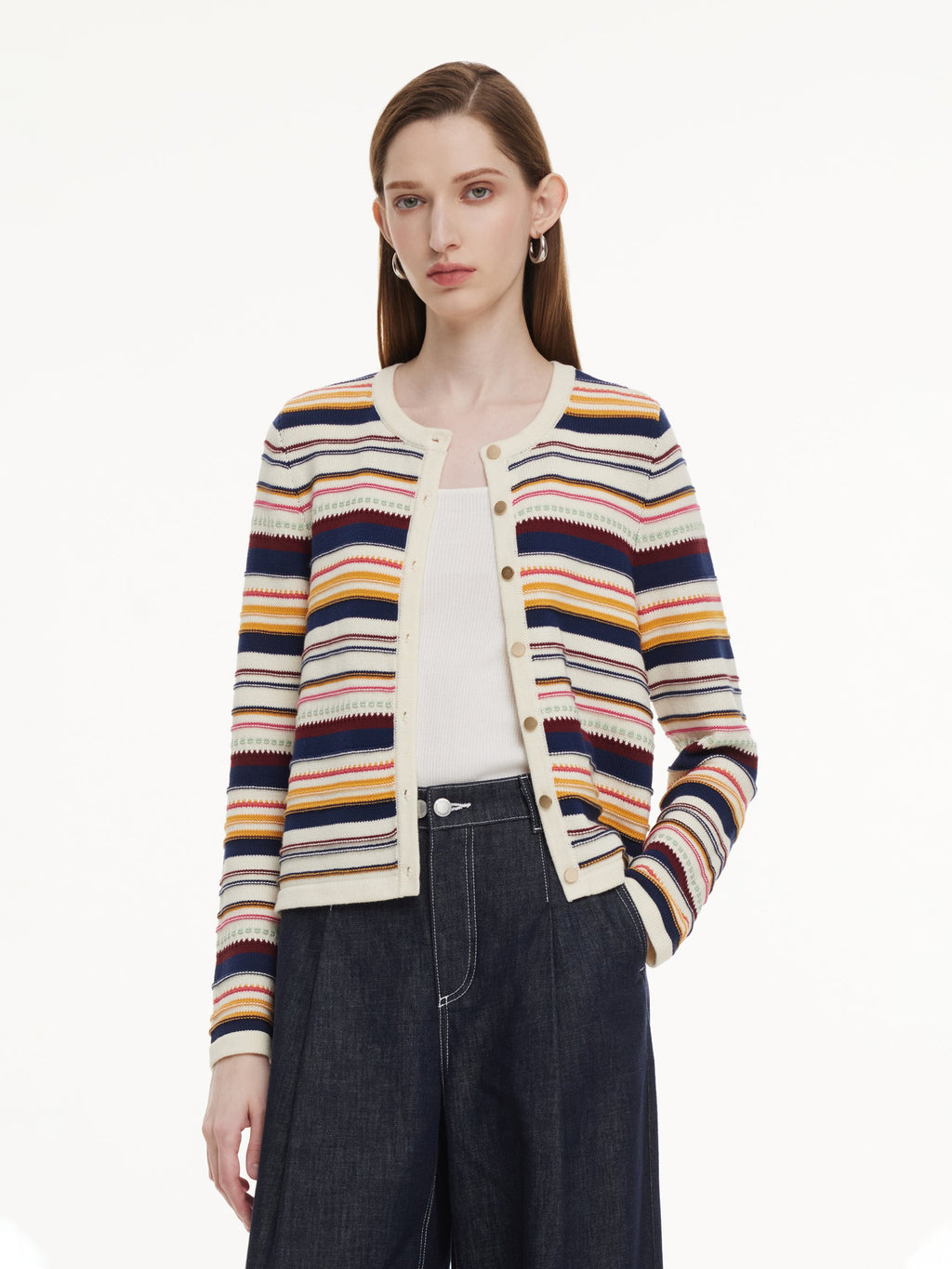 100% Cotton Multicolored Stripe Women Cardigan