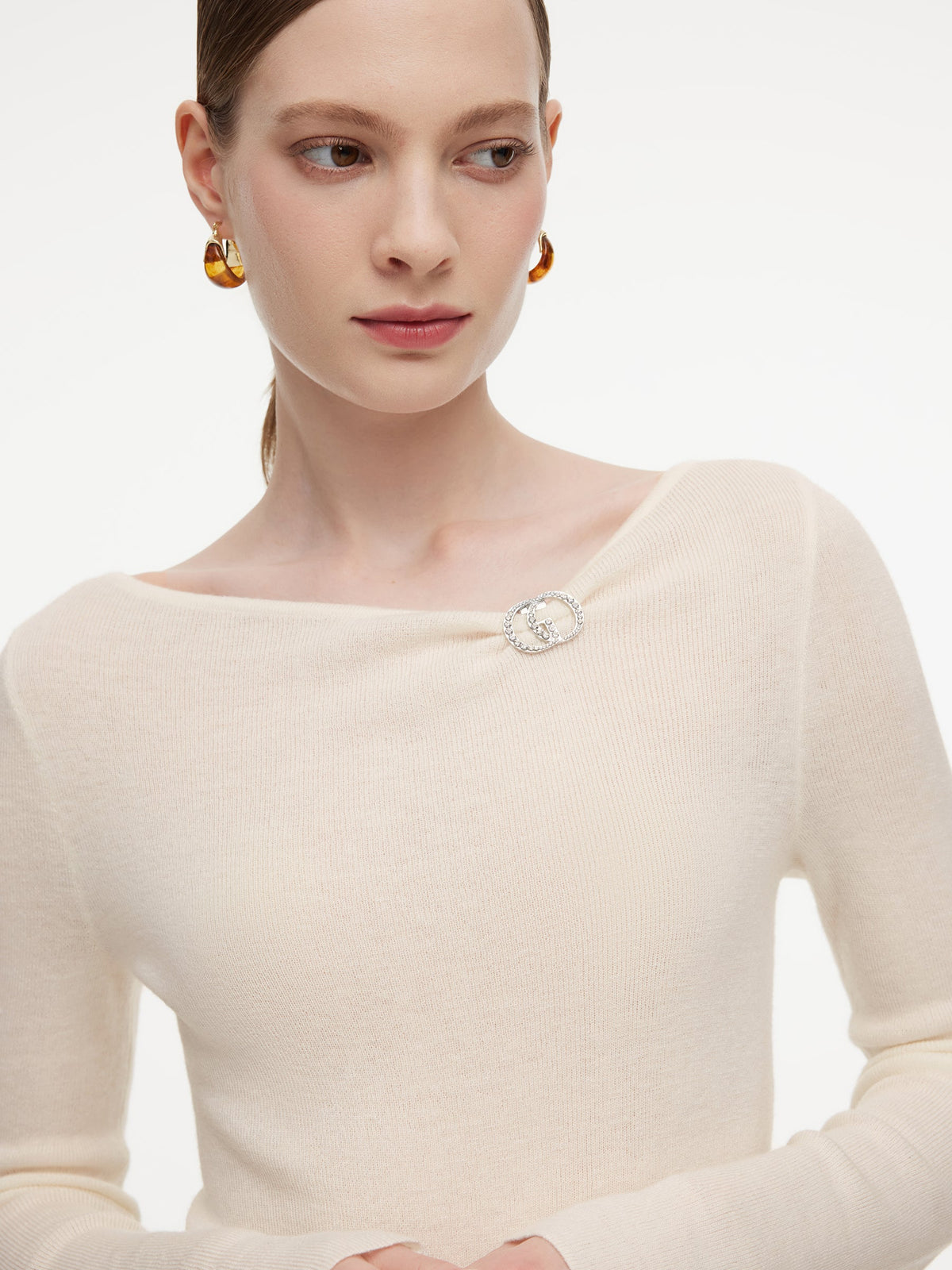 Wool Blend Boat Neck Women Knit Top With GO Letter Clip
