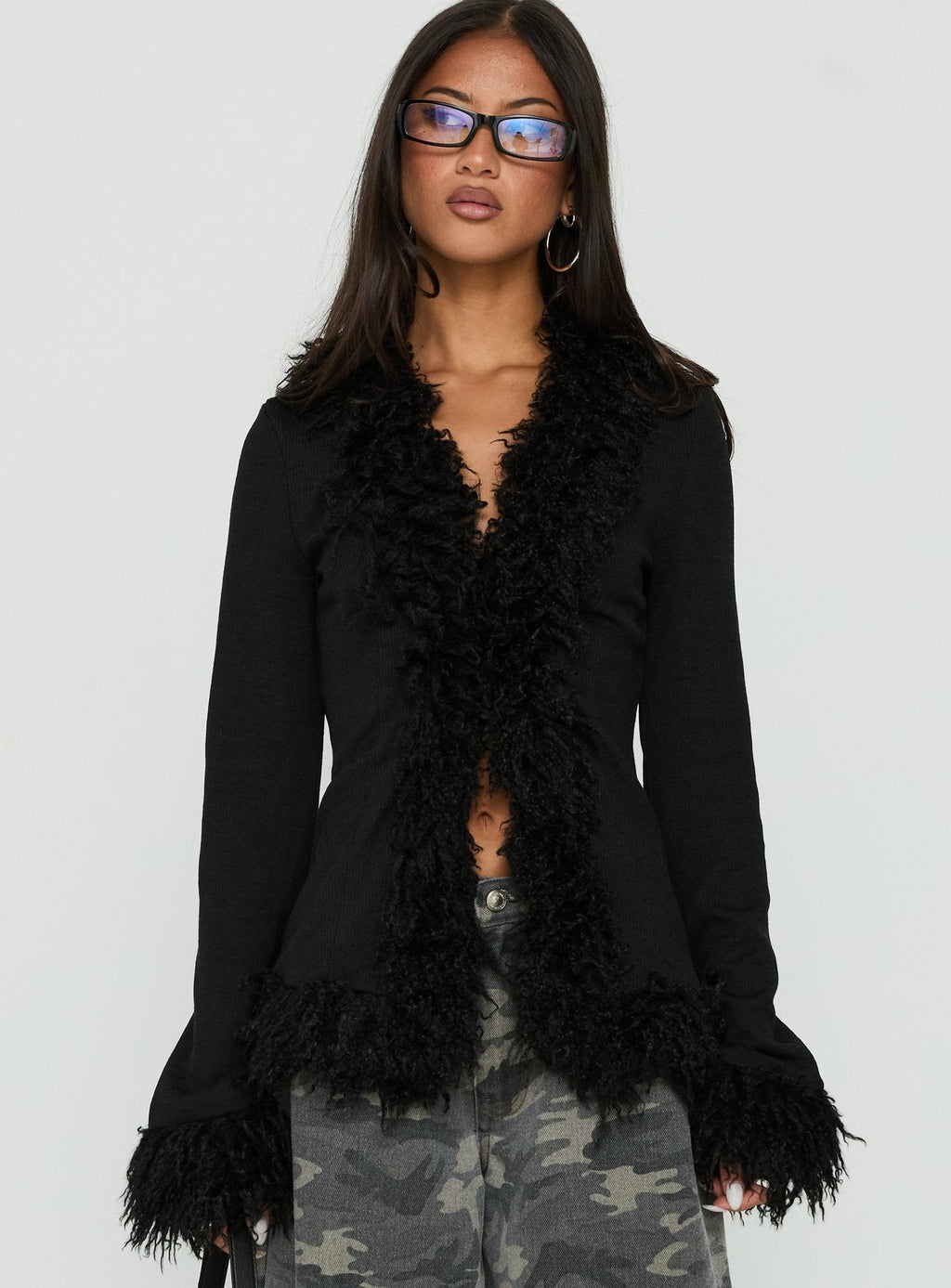 Brynlie Faux Fur Trim Boxy Cardigan Black