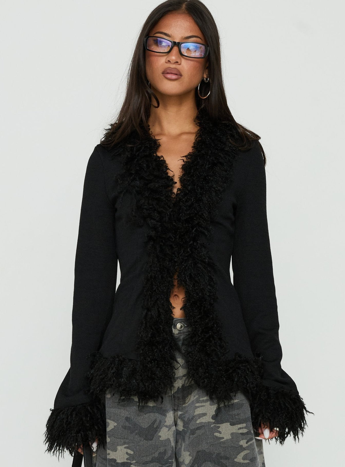 Brynlie Faux Fur Trim Boxy Cardigan Black