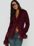 Brynlie Faux Fur Trim Boxy Cardigan Burgundy
