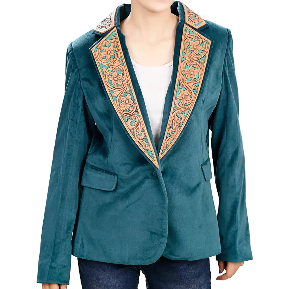American Darling Women's Blazer w/Leather Lapels - Tan w/Turquoise Inlay