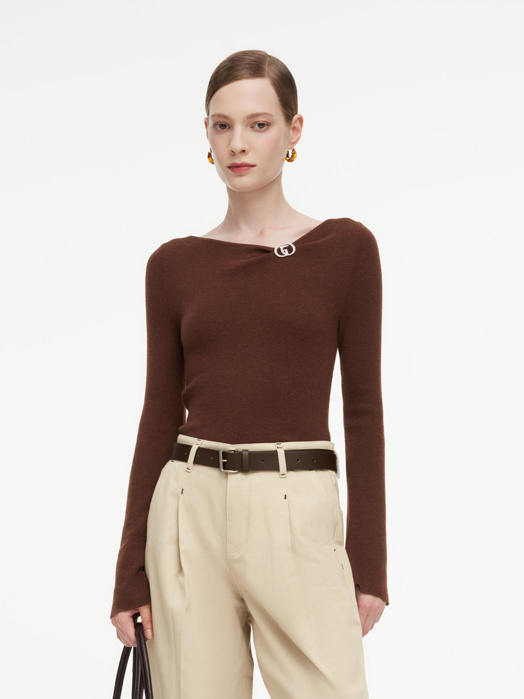 Wool Blend Boat Neck Women Knit Top With GO Letter Clip