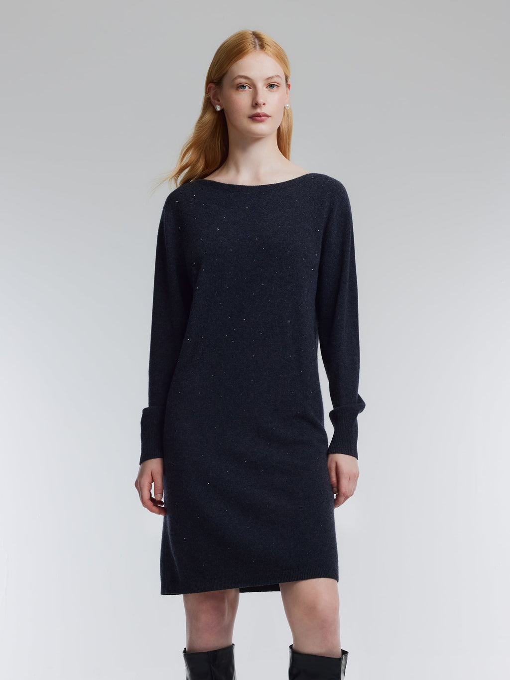 100% Wool Boat Neck Women Knit Mini Dress With Belt