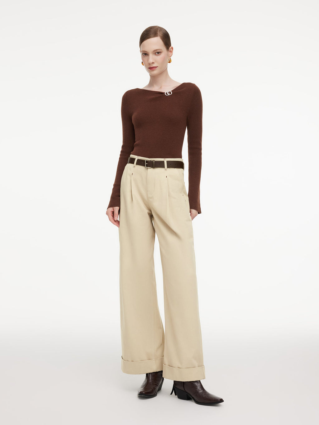 Wool Blend Boat Neck Women Knit Top With GO Letter Clip