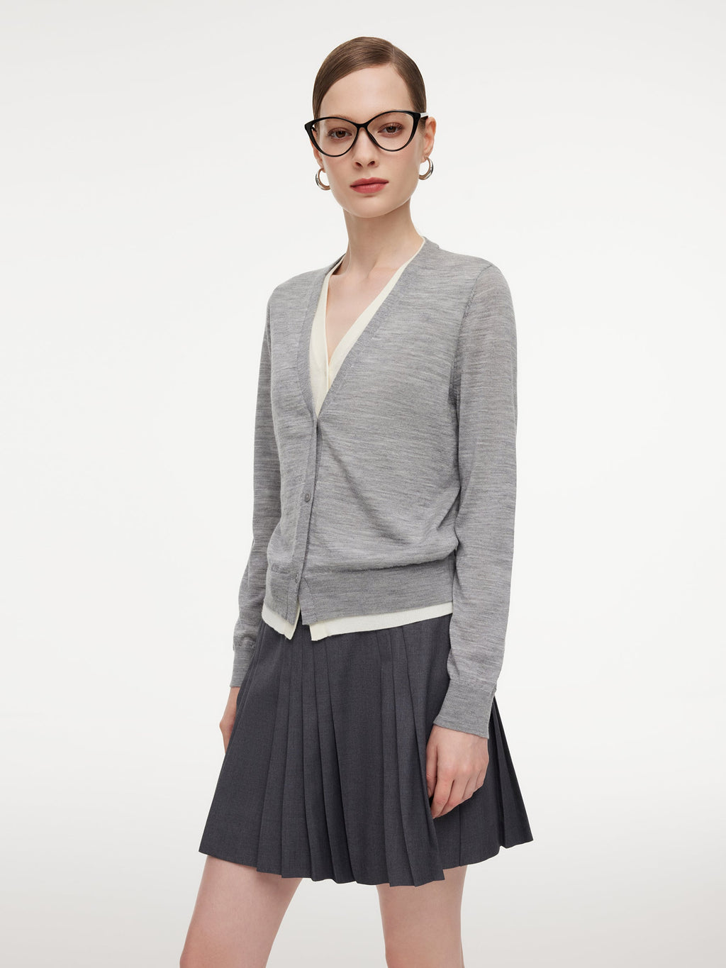 100% Wool V-Neck Women Mock-Layered Cardigan
