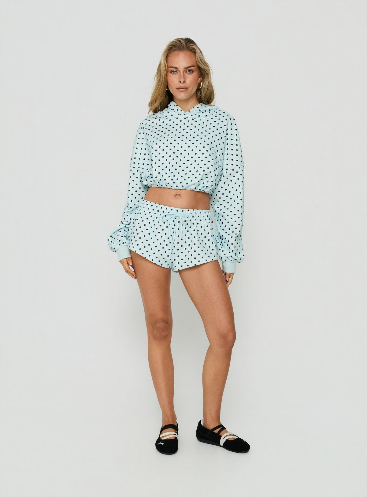 Mayse Bubble Hem Cropped Hoodie Blue Polka Dot