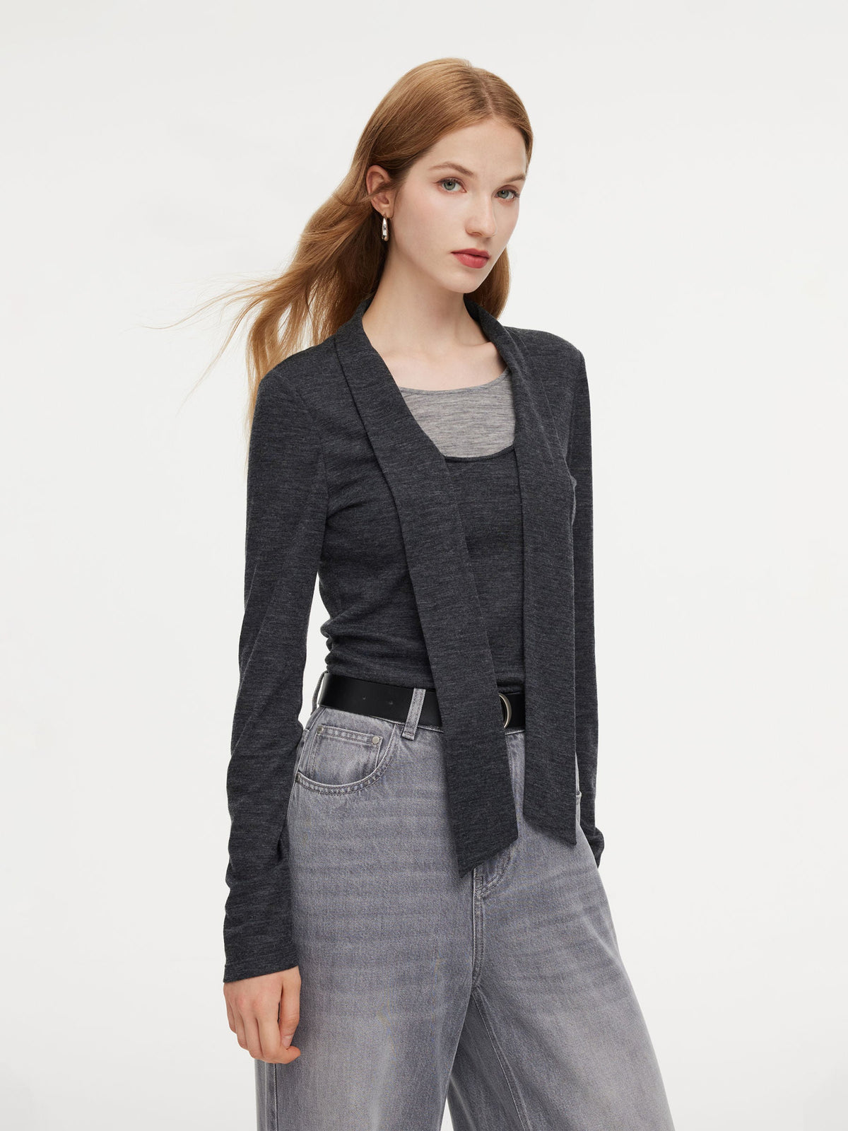 Wool Blend Mock-Layered Women Knit Top
