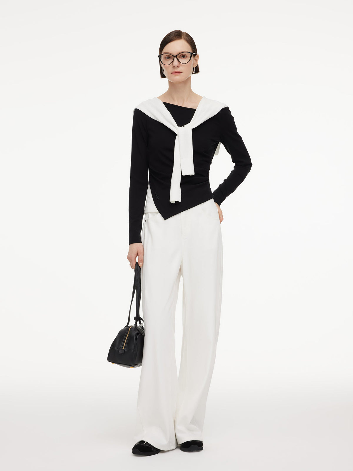 Boat Neck Asymmetrical Hem Women Color Block Knit Top