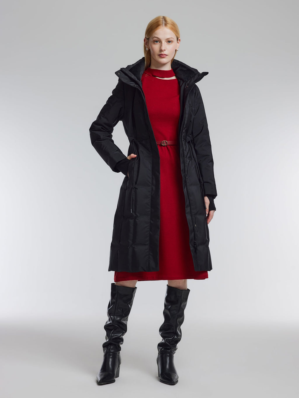 Lyocell Wool Blend Cut Out Women Knit Midi Dress With Belt