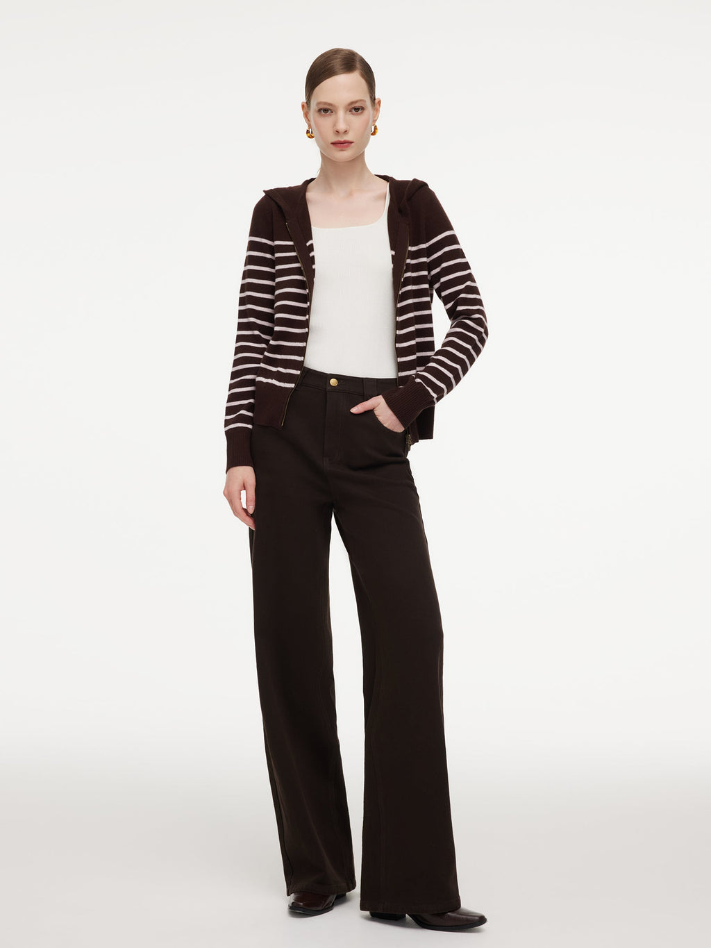 100% Wool Brown Stripe Women Hooded Zip-Up Cardigan