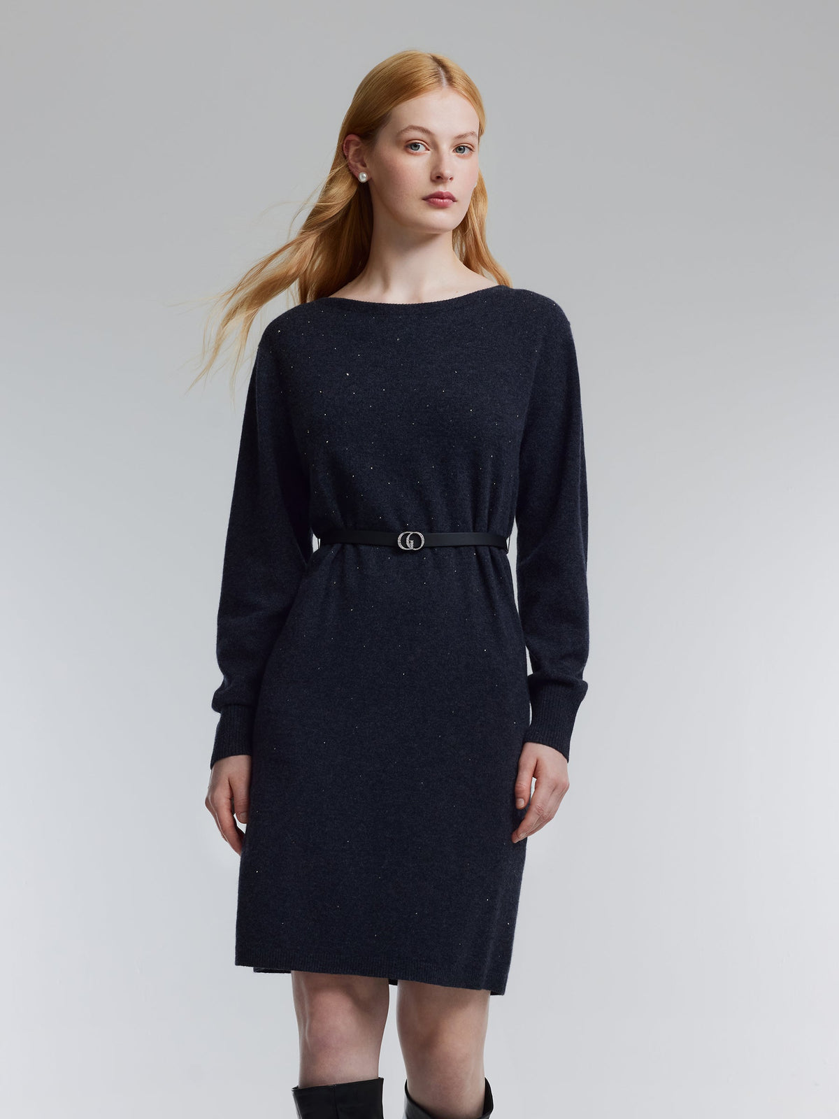 100% Wool Boat Neck Women Knit Mini Dress With Belt