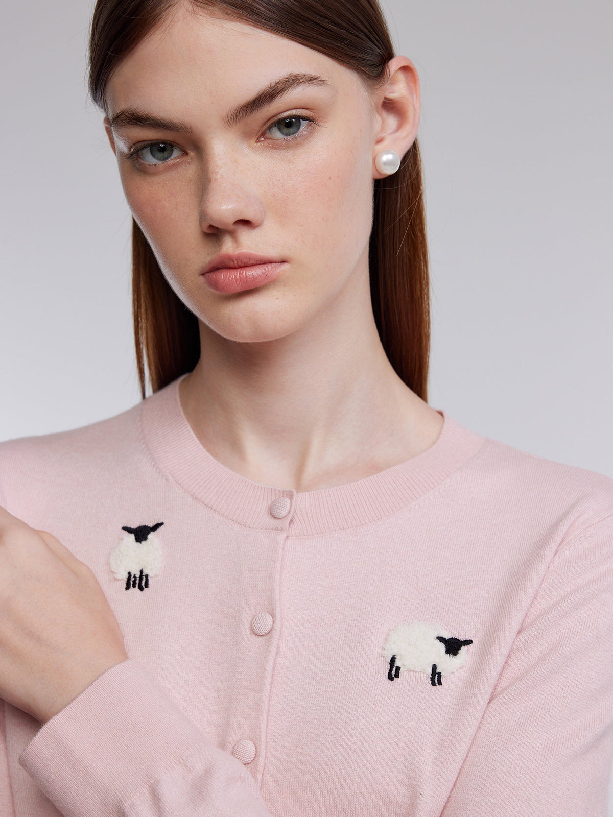 Textured Sheep Embroidered Women Cardigan