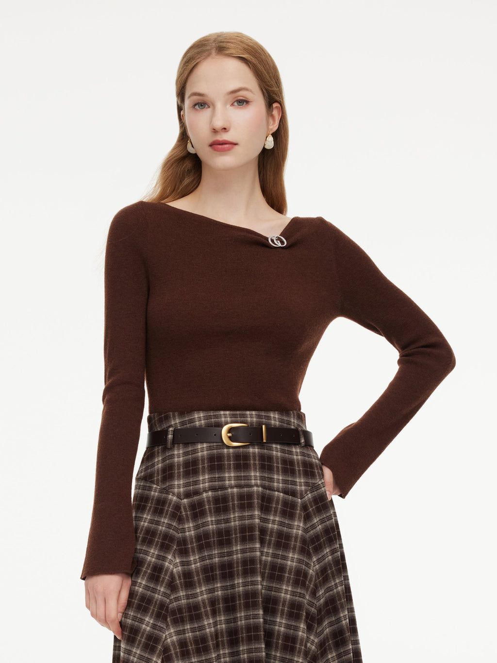 Wool Blend Boat Neck Women Knit Top With GO Letter Clip