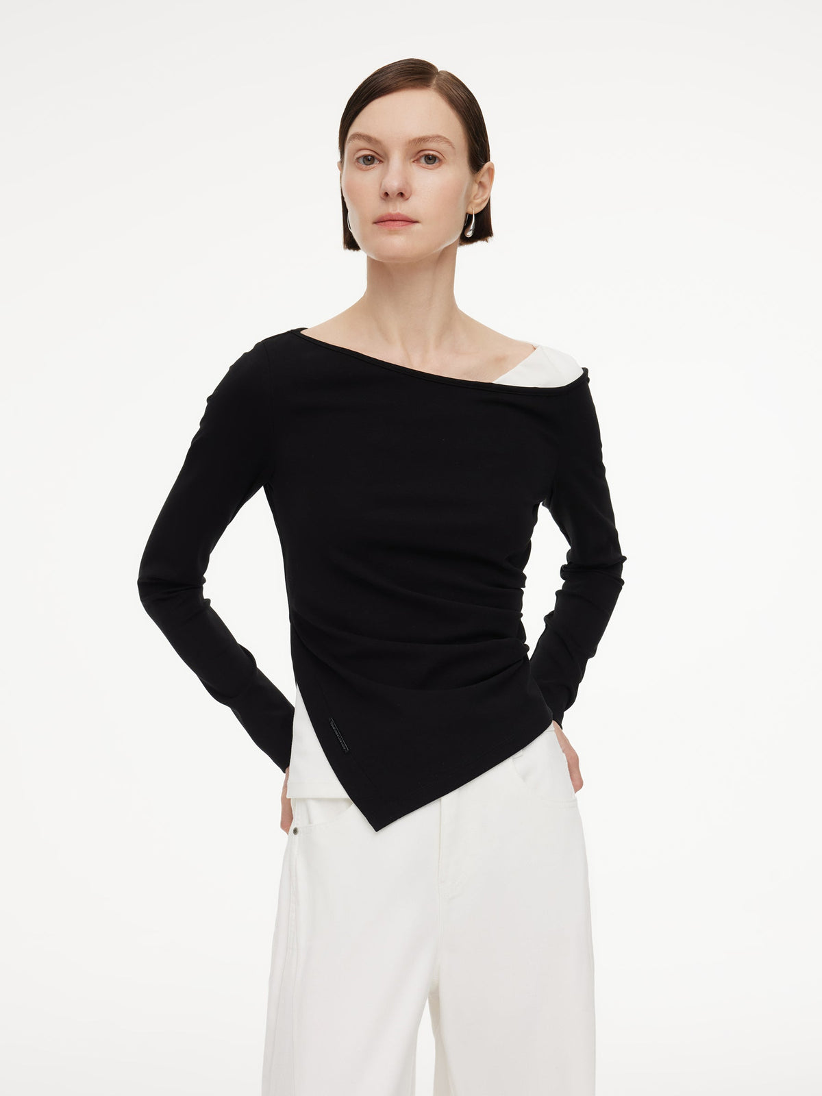 Boat Neck Asymmetrical Hem Women Color Block Knit Top