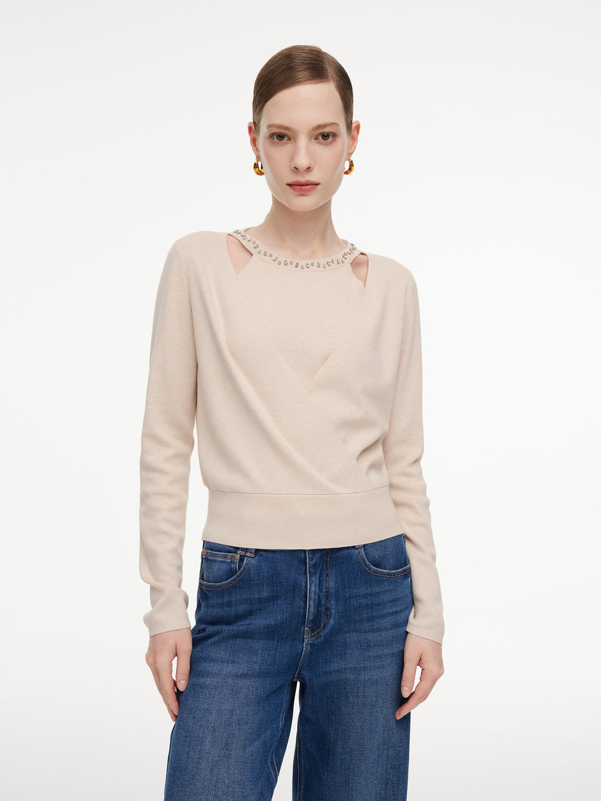 Tencel Wool Blend Beaded Neck Women Cut-Out Wrap Knit Top