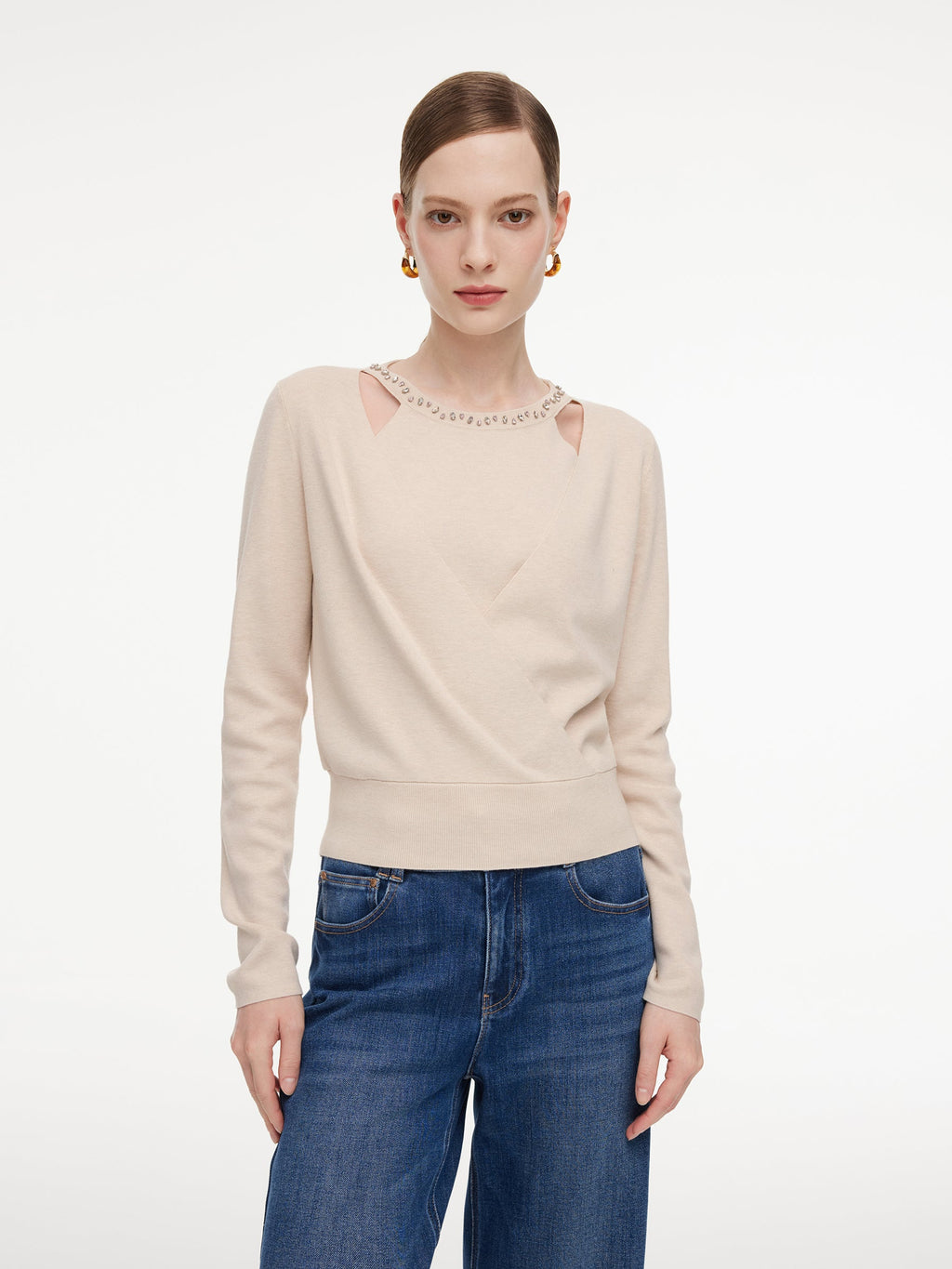Tencel Wool Blend Beaded Neck Women Cut-Out Wrap Knit Top