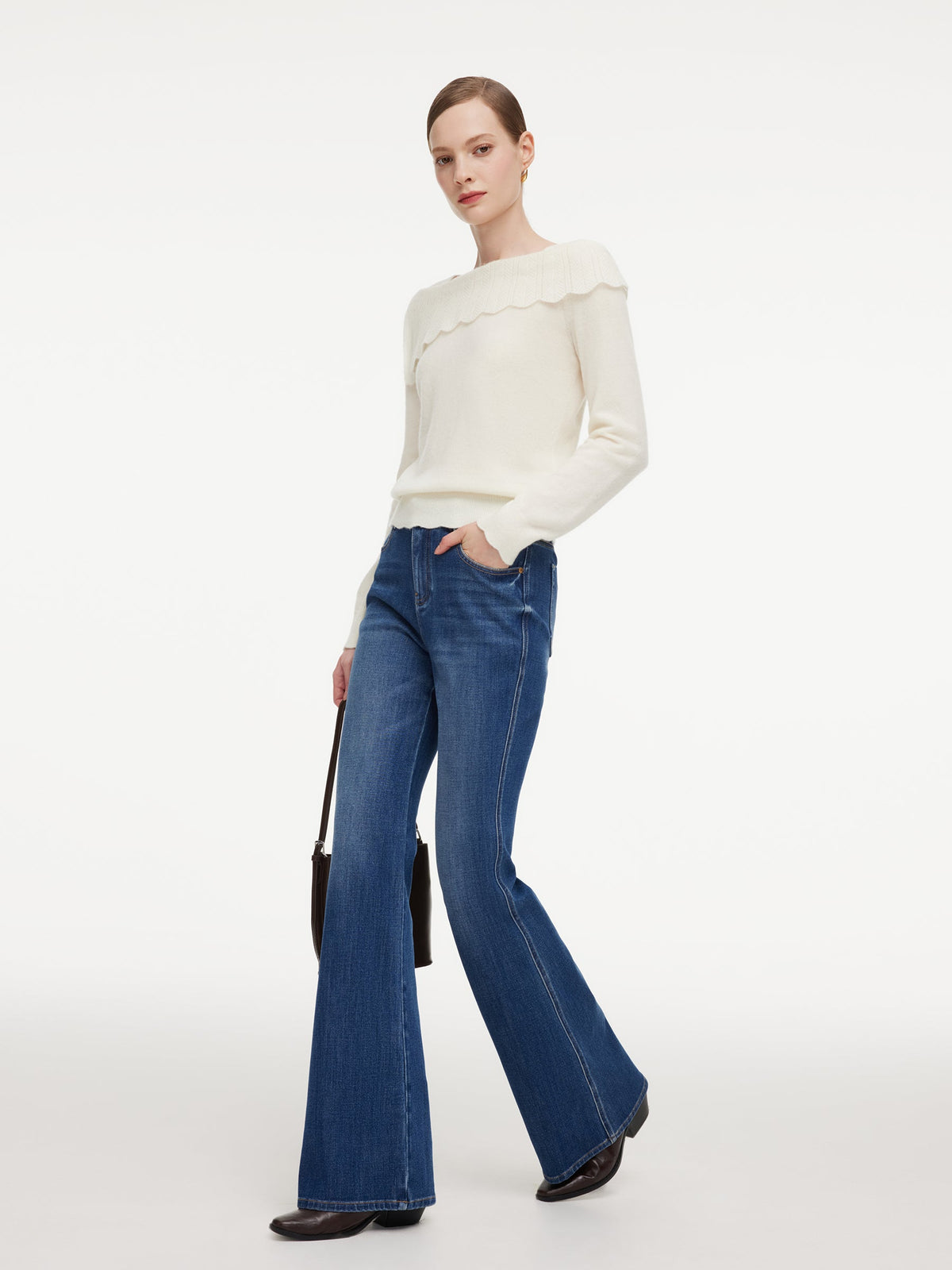 Wool Blend Rhinestone Scalloped Boat Neck Women Knit Top