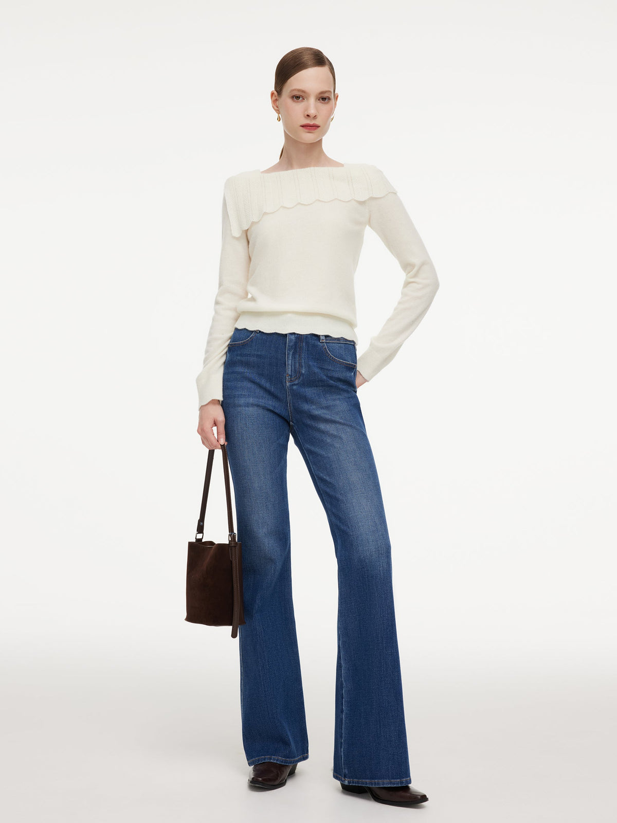 Wool Blend Rhinestone Scalloped Boat Neck Women Knit Top