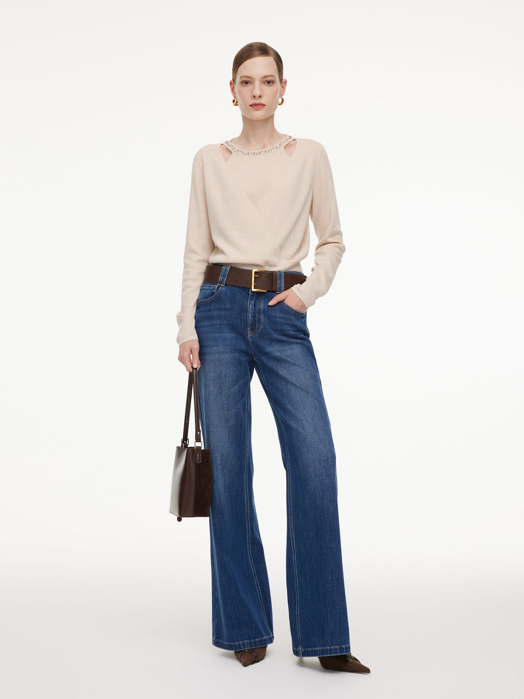 Tencel Wool Blend Beaded Neck Women Cut-Out Wrap Knit Top