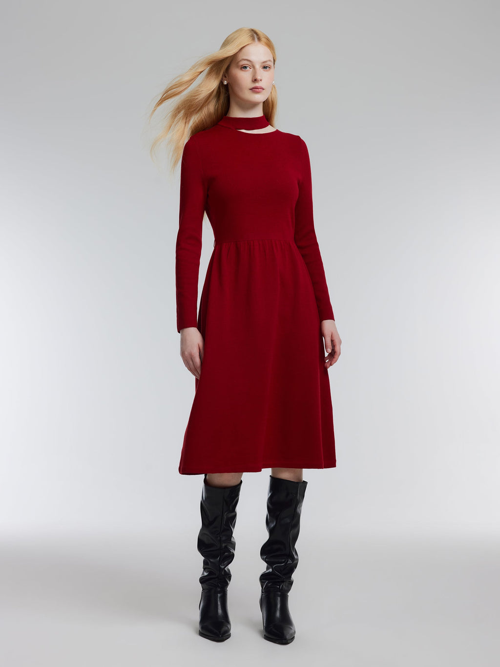 Lyocell Wool Blend Cut Out Women Knit Midi Dress With Belt