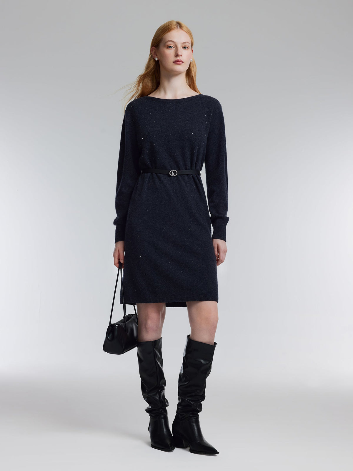 100% Wool Boat Neck Women Knit Mini Dress With Belt