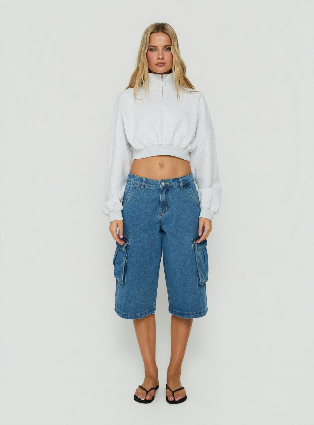 Astridd 3/4 Zip Cropped Jumper Grey Marle