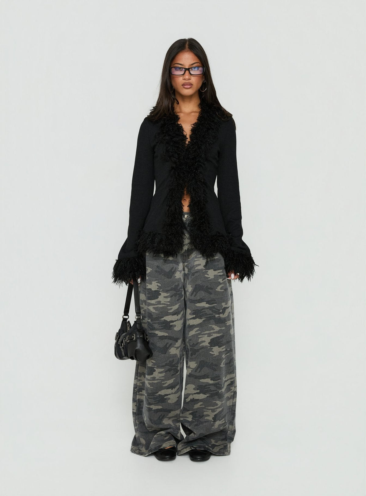 Brynlie Faux Fur Trim Boxy Cardigan Black