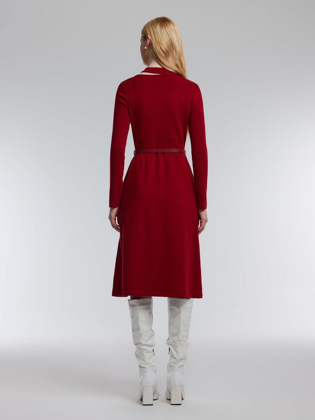 Lyocell Wool Blend Cut Out Women Knit Midi Dress With Belt