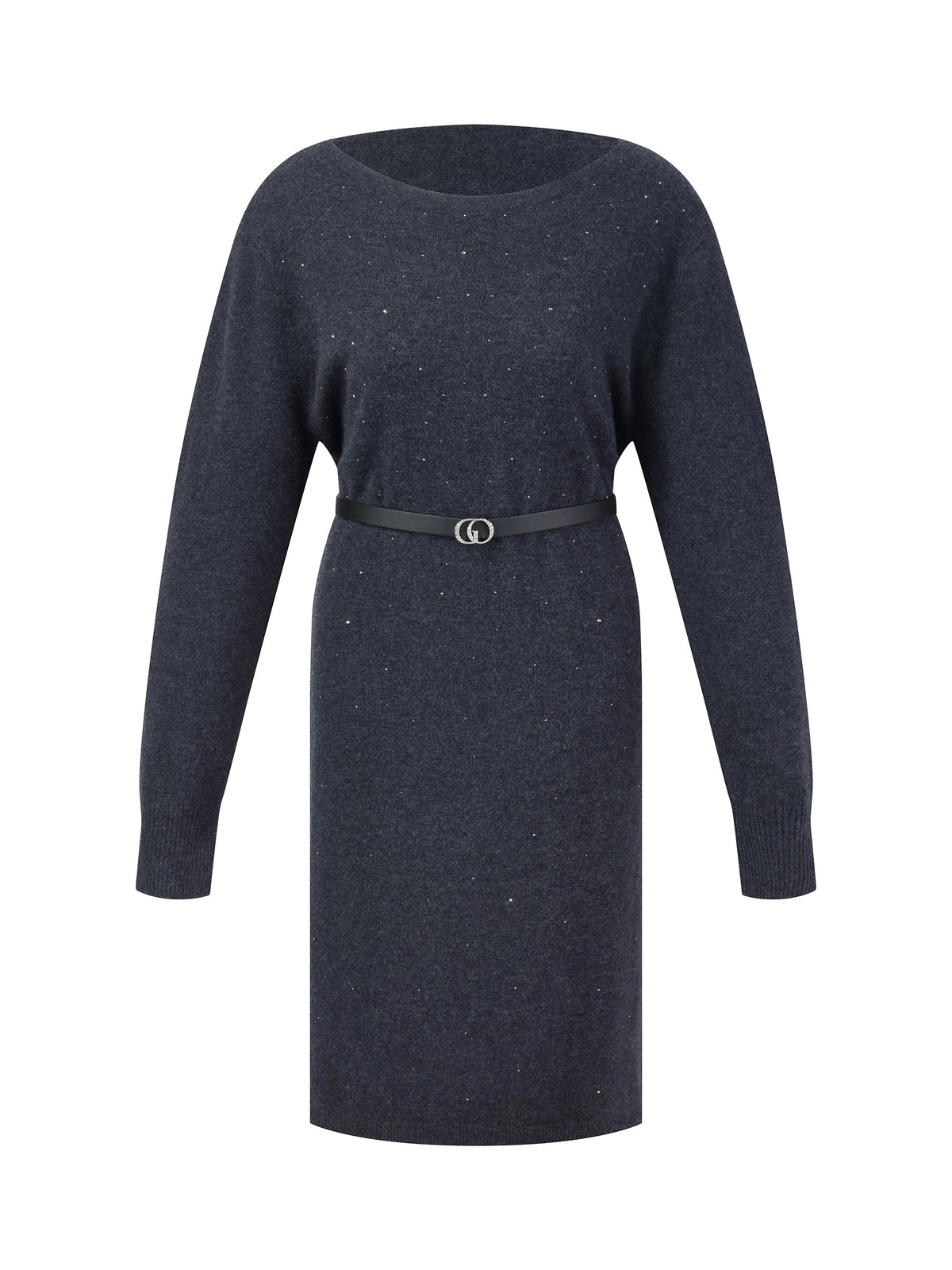 100% Wool Boat Neck Women Knit Mini Dress With Belt