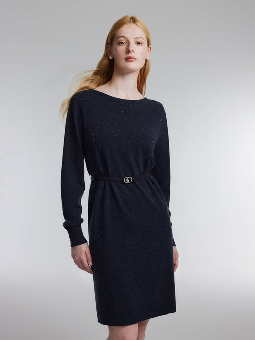 100% Wool Boat Neck Women Knit Mini Dress With Belt