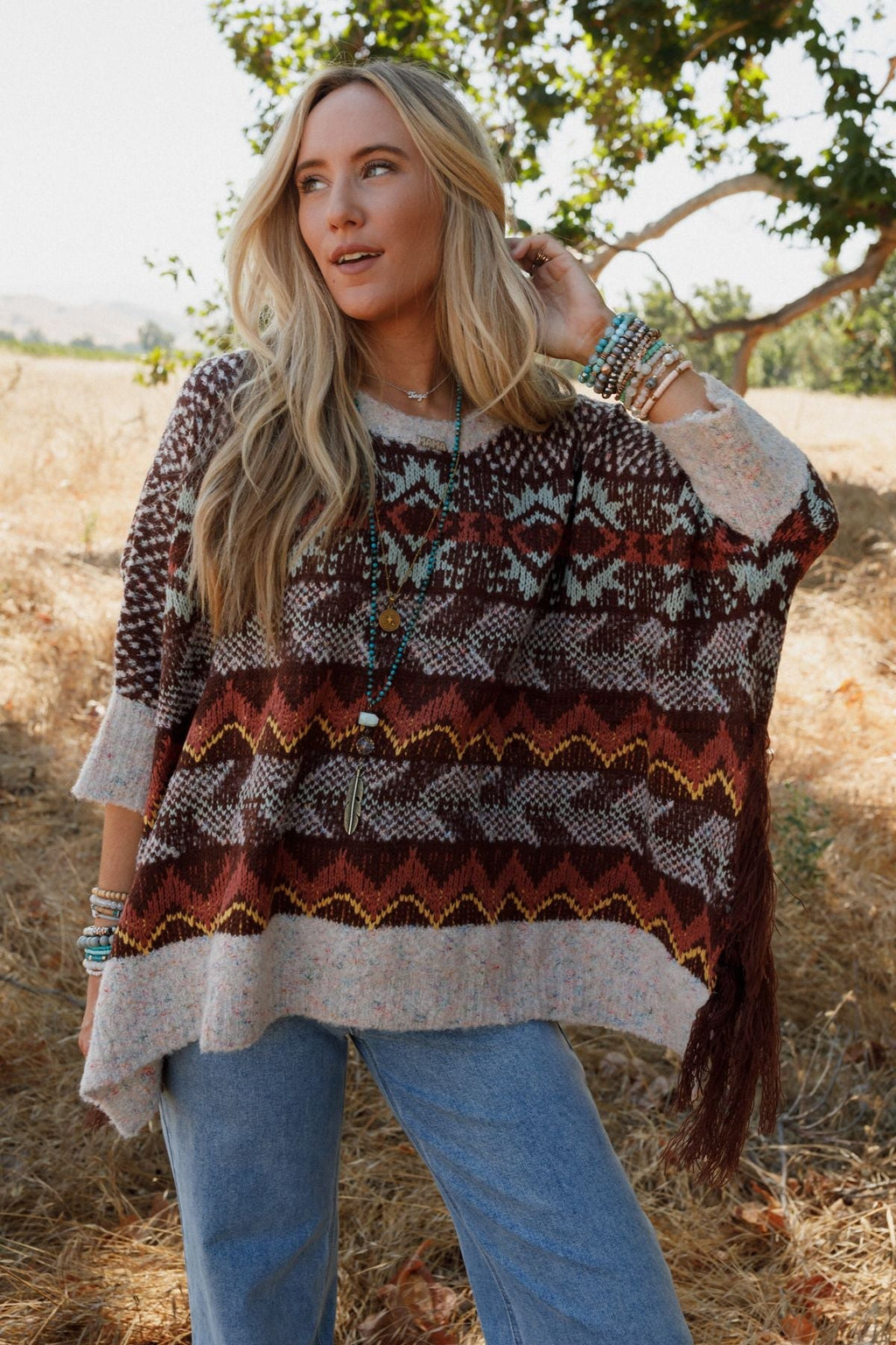 Zahra Aztec Fringe Poncho - Brown - Pre Order