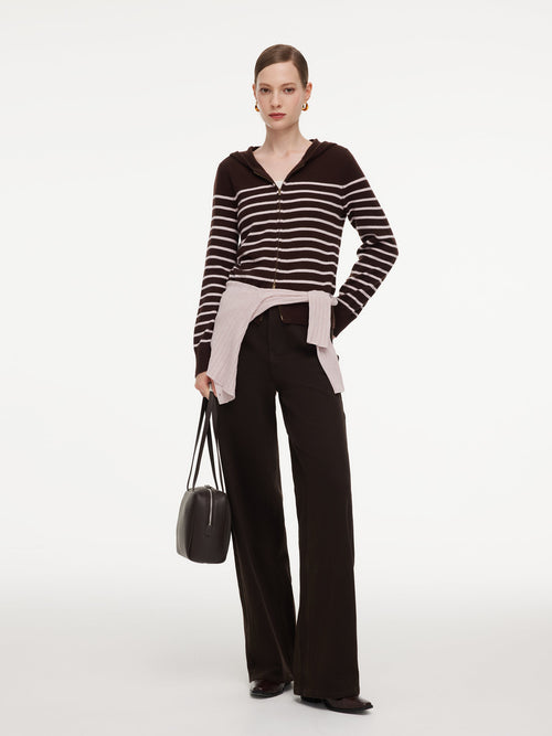 100% Wool Brown Stripe Women Hooded Zip-Up Cardigan