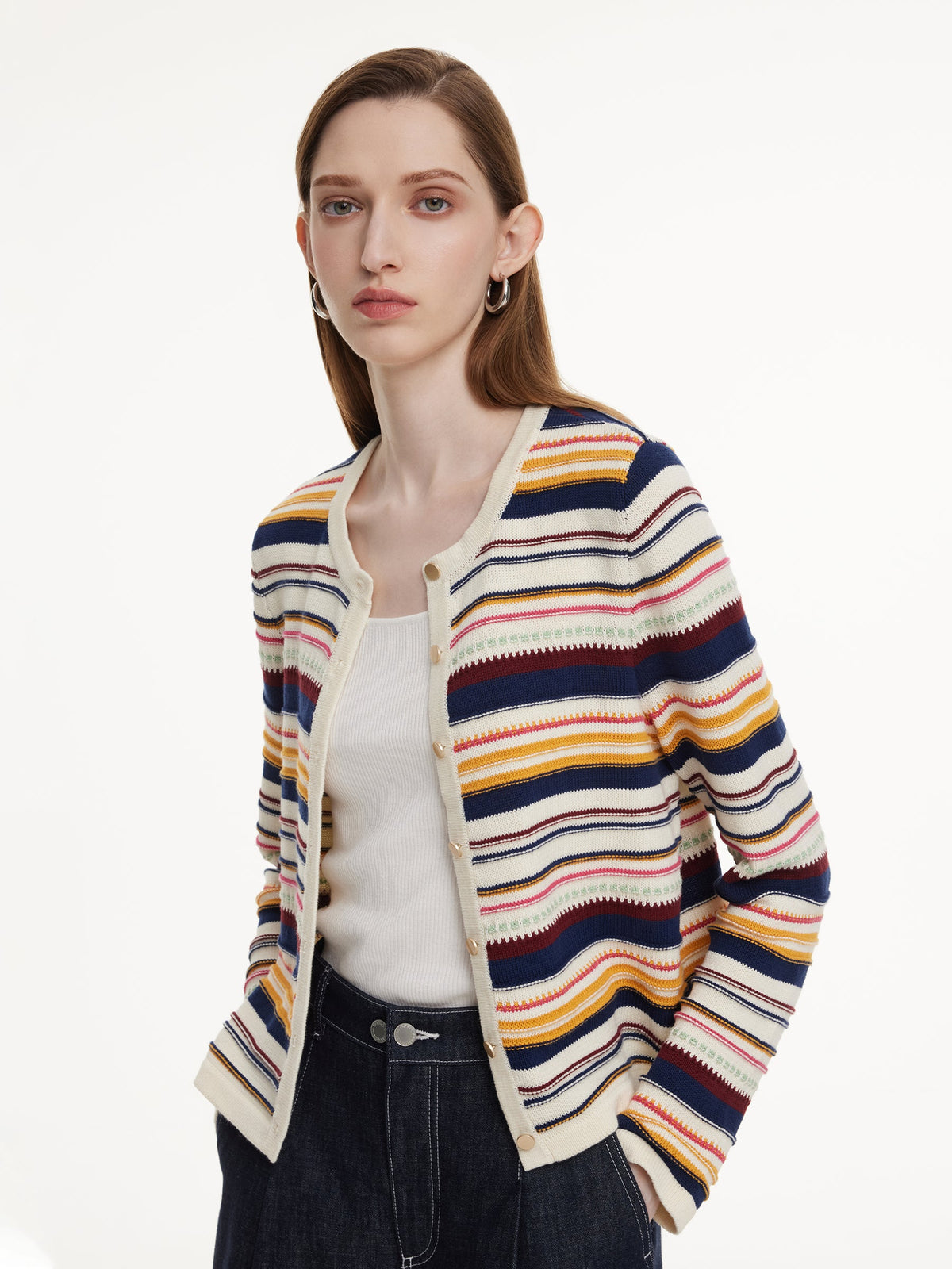 100% Cotton Multicolored Stripe Women Cardigan