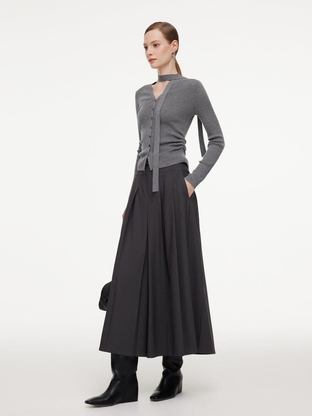 Wool Blend Ribbon V-Neck Women Cardigan
