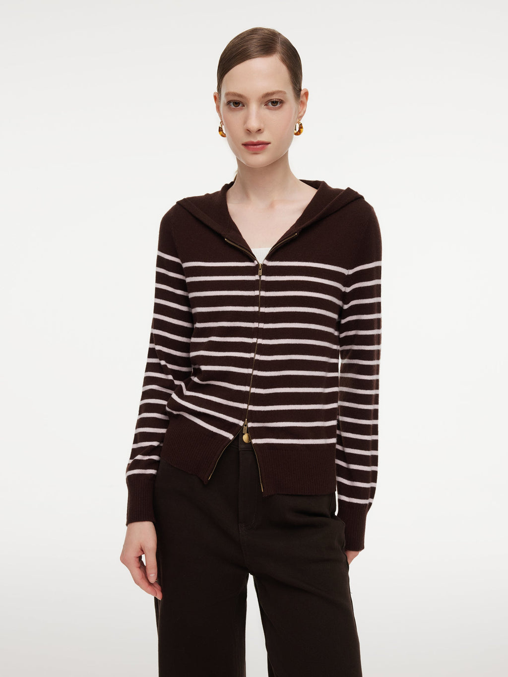 100% Wool Brown Stripe Women Hooded Zip-Up Cardigan