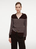 100% Wool Brown Stripe Women Hooded Zip-Up Cardigan