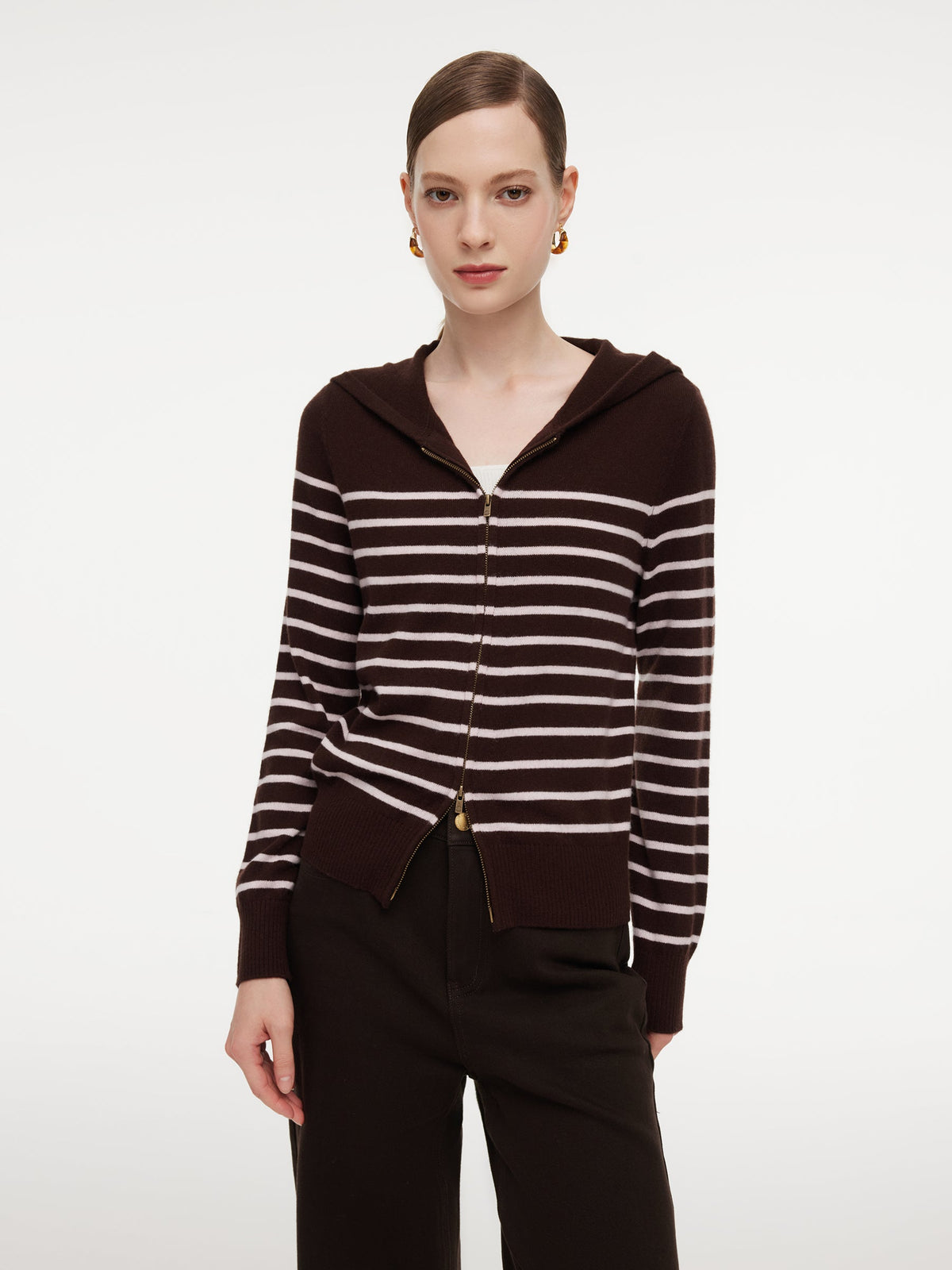 100% Wool Brown Stripe Women Hooded Zip-Up Cardigan