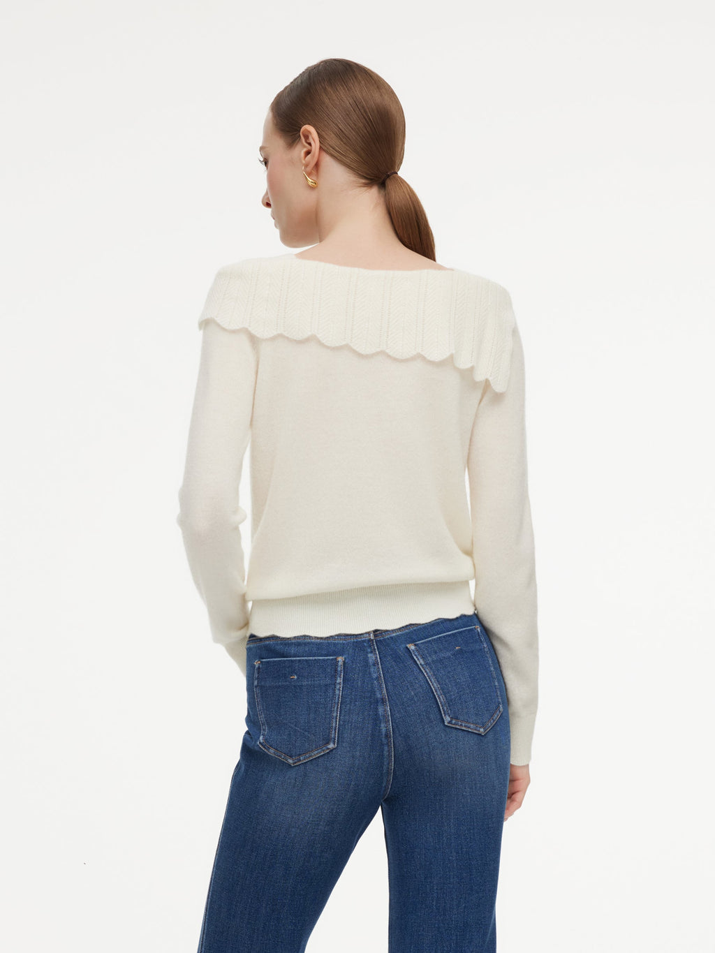 Wool Blend Rhinestone Scalloped Boat Neck Women Knit Top