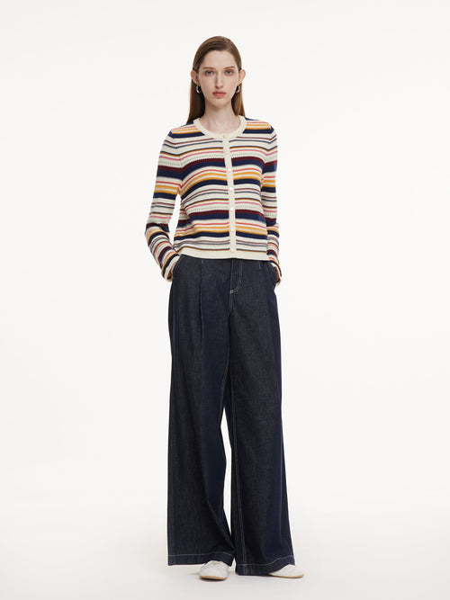 100% Cotton Multicolored Stripe Women Cardigan