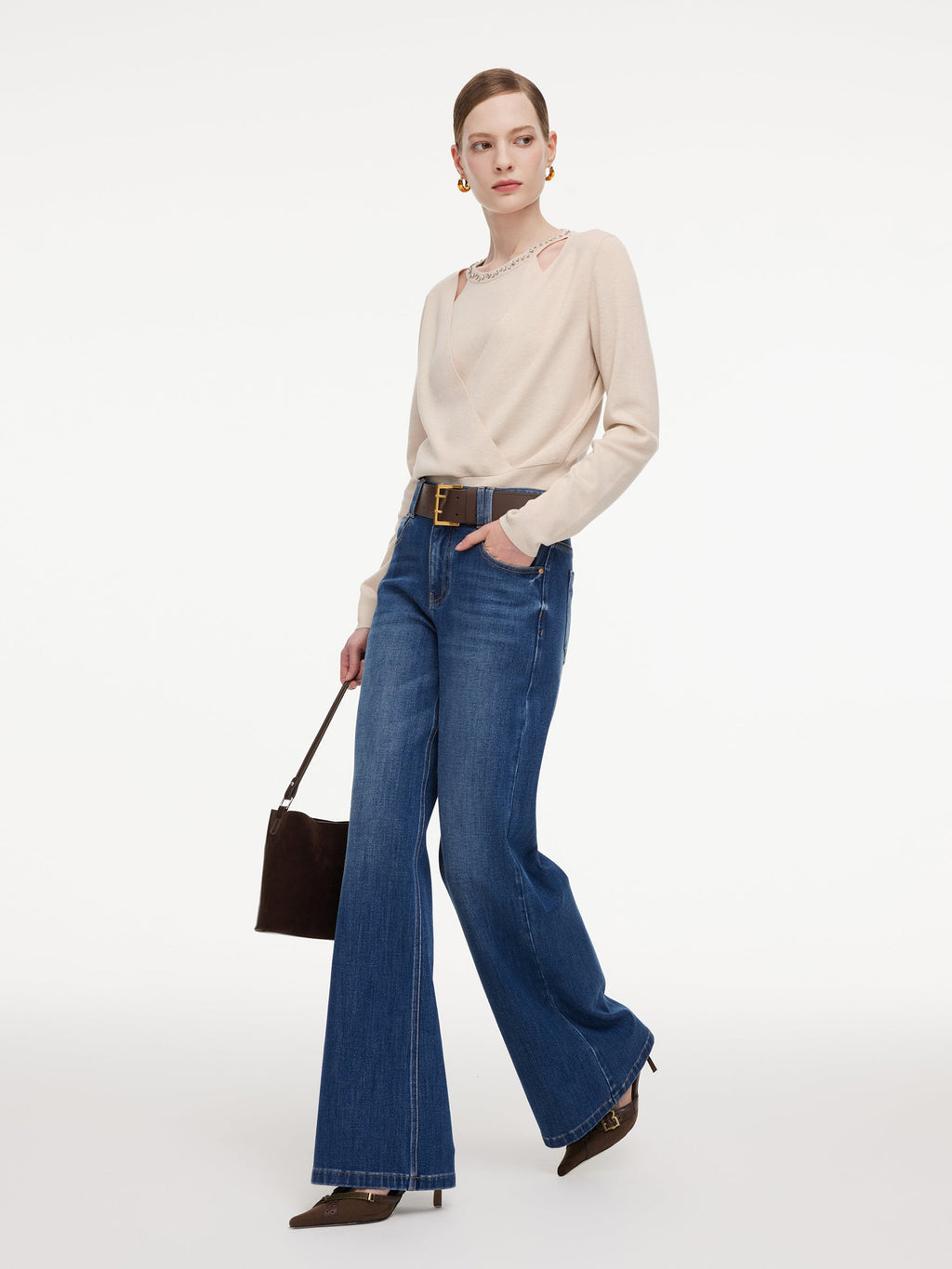 Tencel Wool Blend Beaded Neck Women Cut-Out Wrap Knit Top