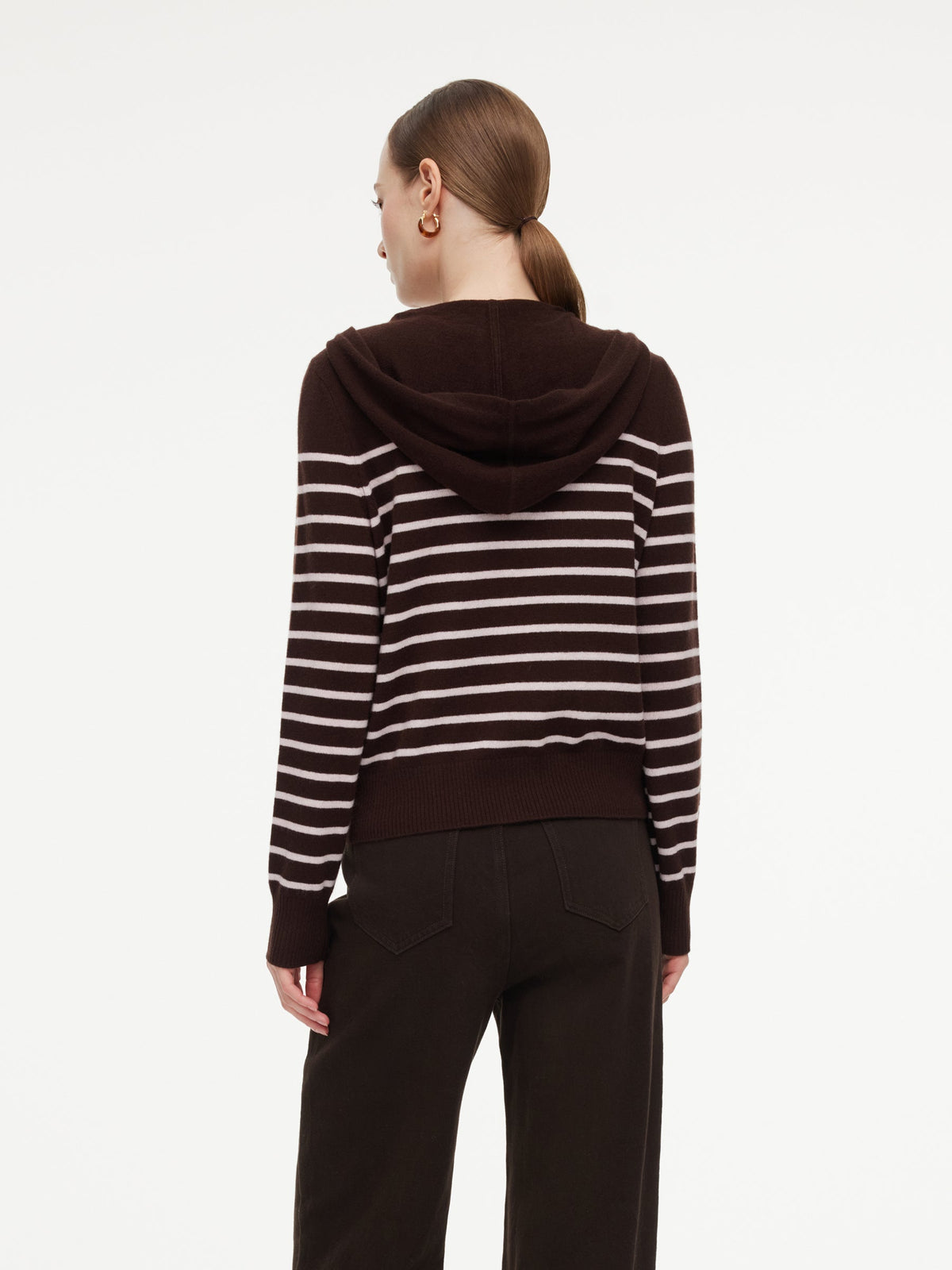 100% Wool Brown Stripe Women Hooded Zip-Up Cardigan