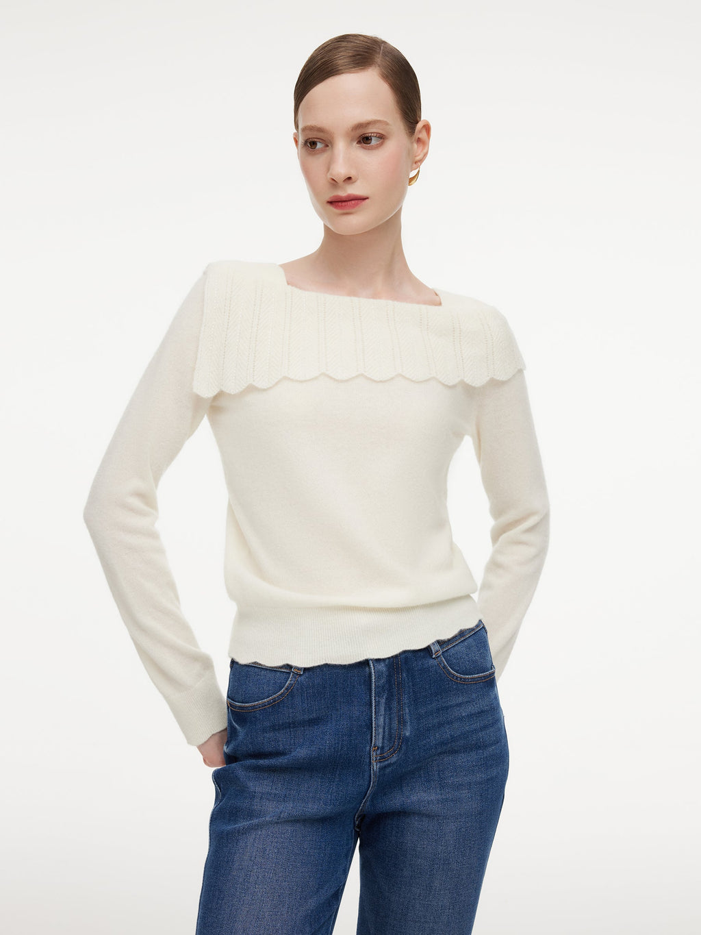 Wool Blend Rhinestone Scalloped Boat Neck Women Knit Top