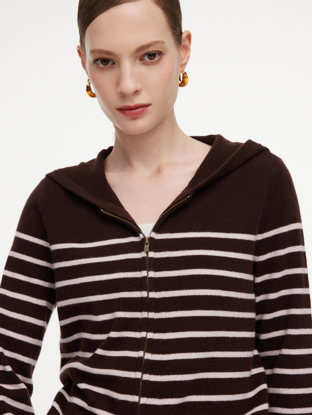 100% Wool Brown Stripe Women Hooded Zip-Up Cardigan