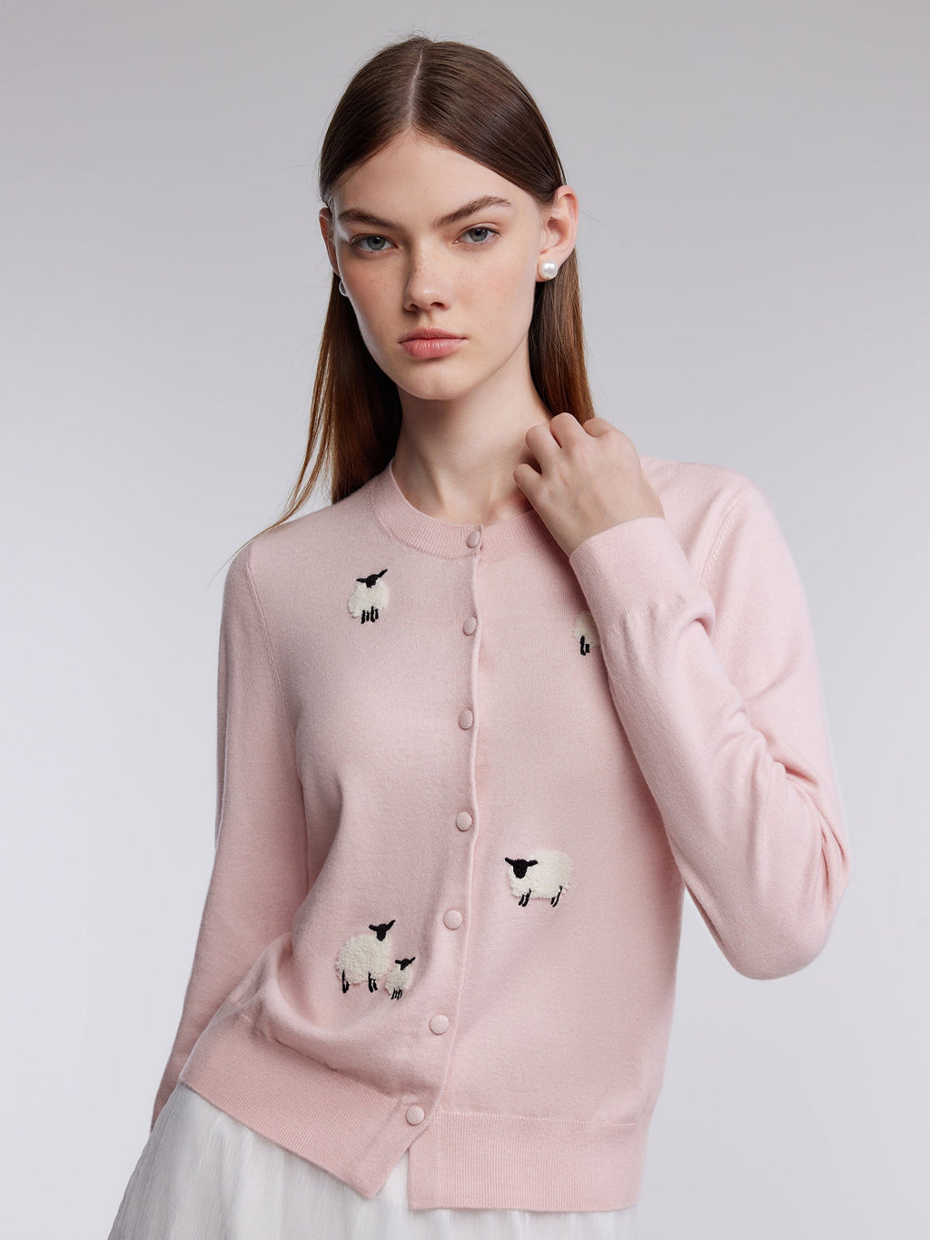 Textured Sheep Embroidered Women Cardigan