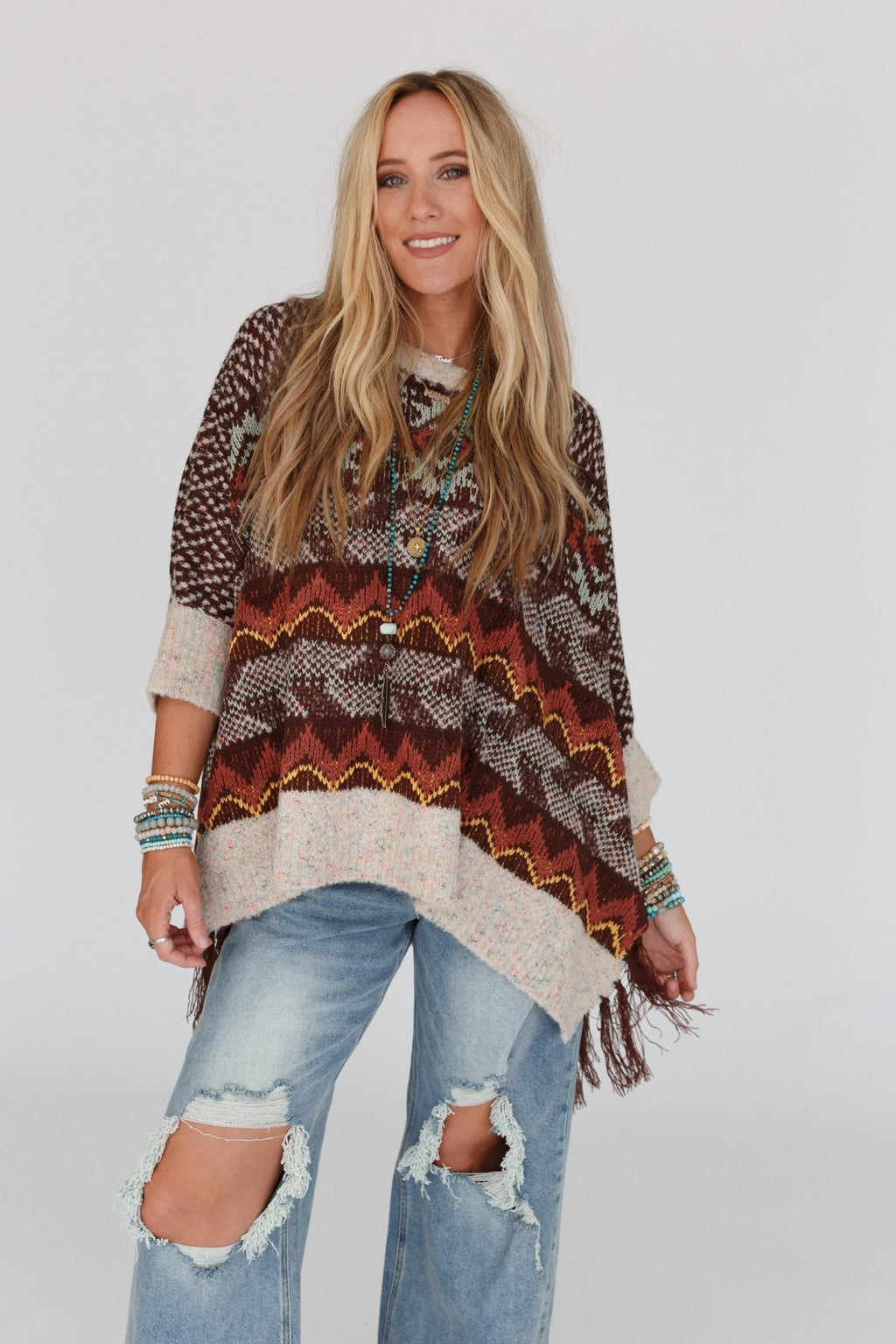 Zahra Aztec Fringe Poncho - Brown - Pre Order