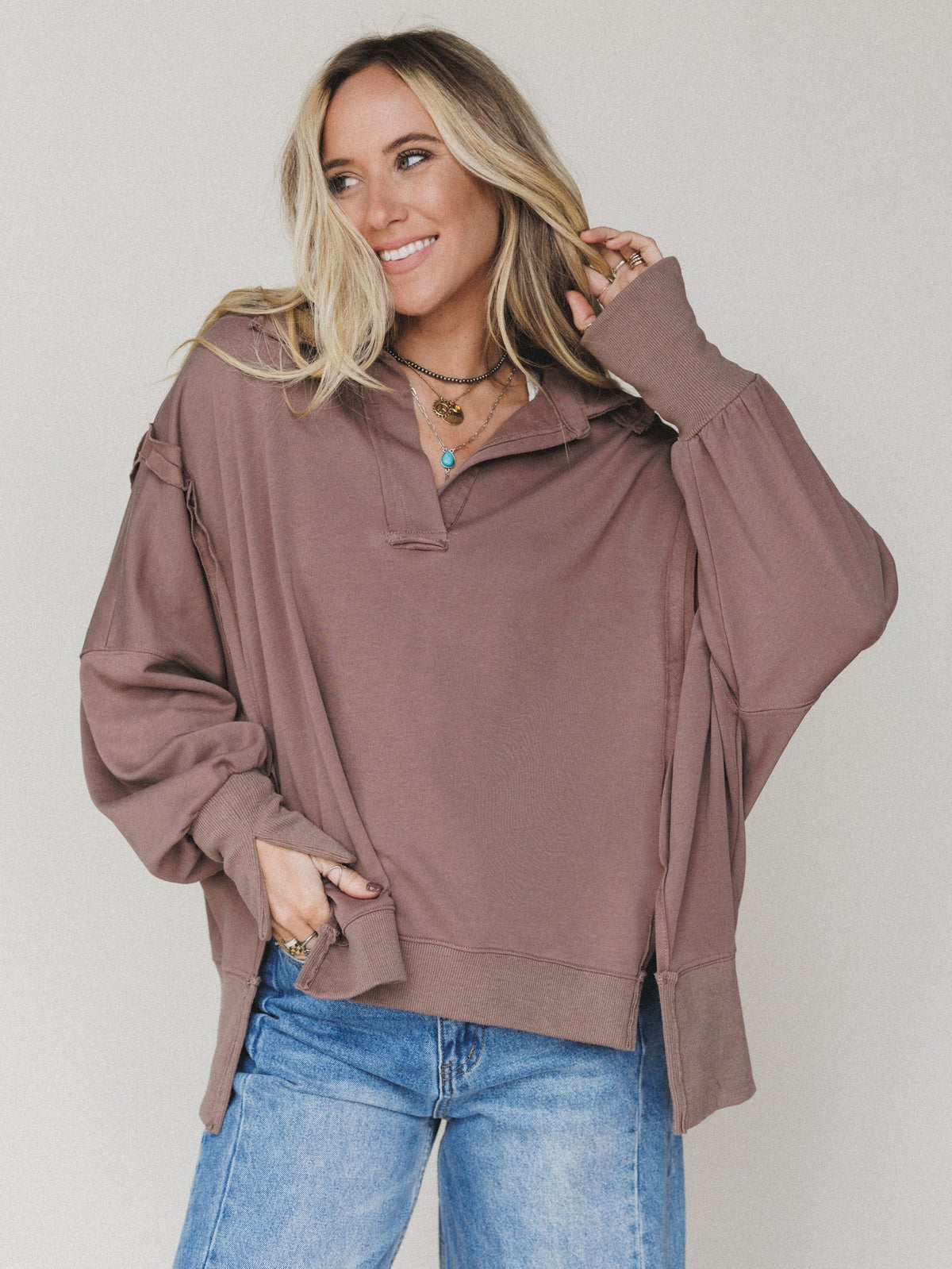 Candace Oversized Collar Sweatshirt - Mocha - Pre Order